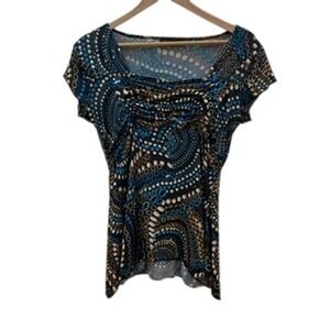 Vintage Babydoll Y2K Top Sz XS Print Ruched Square Neck Short Sleeve‎ Asym Hem